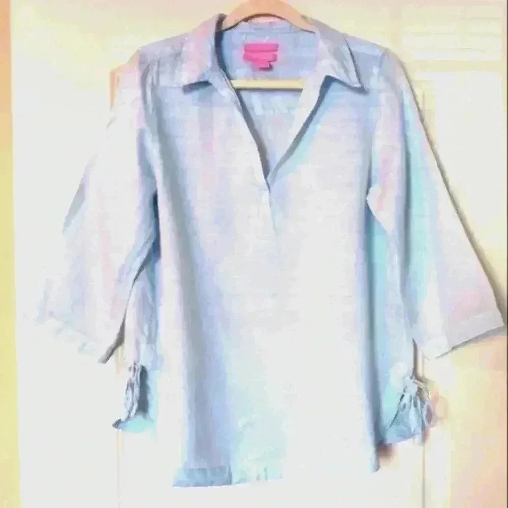 Isaac Mizrah linen powder blue vacation beach blouse.